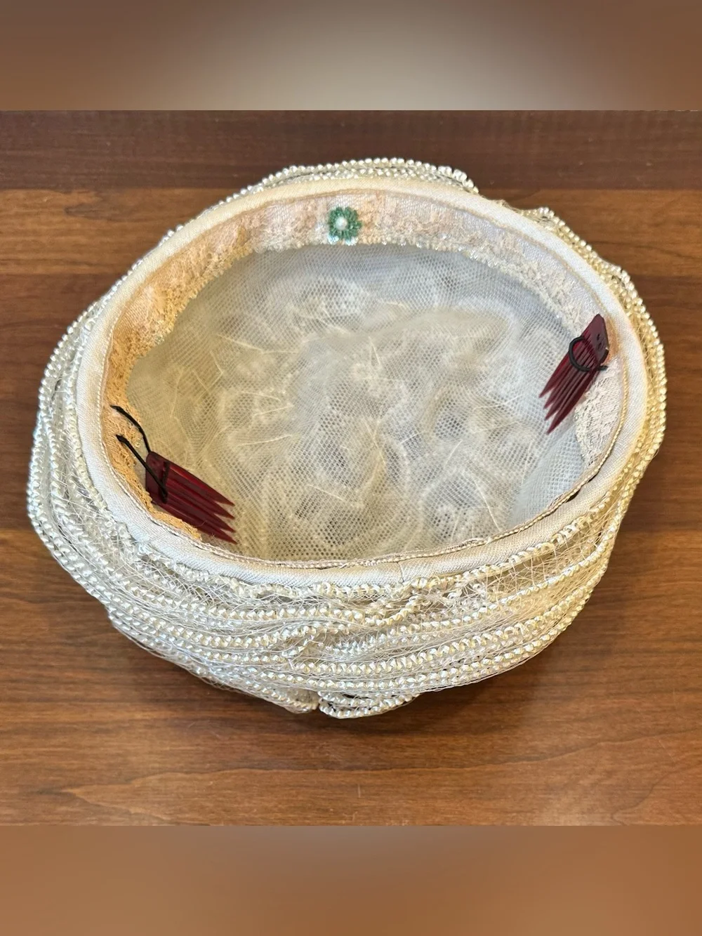 🌟HP🌟VTG 1950s Cream Celluloid Mesh Pearl-Look Wedding Toque Hat ChapeauxOriginal - Picture 8 of 12